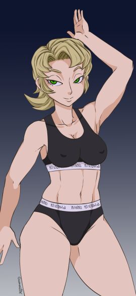 1girls 2d bedroom_eyes belly belly_button black_bra black_panties blonde_female blonde_hair breasts calvin_klein cameltoe cleavage collarbone cropped_legs dark_blue_background female gradient_background green_eyes gummidx ilia in_underwear legs_out_of_frame light-skinned_female light_skin medium_breasts midriff nintendo nipple_bulge posing pussy shaded short_hair slim_waist solo tagme the_legend_of_zelda thighs twilight_princess