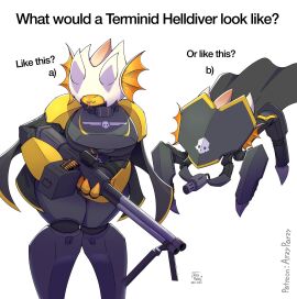 alien alien_girl armor armored_female arzyparzy big_breasts breasts bug bug_girl cape chitin choice claws creature cute english english_text female fins firearm gun helldiver_(helldivers) helldivers helldivers_2 horn horns hunter-chan_(arzyparzy) hunter_(helldivers) insect_girl insect_humanoid insectoid insects orange_body orange_skin smile soldier terminid text thick_thighs tongue tongue_out weapon weapons