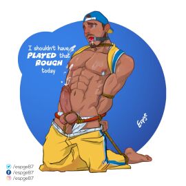 1boy 2d 2d_(artwork) ankles_tied arms_tied artist_logo artist_name artist_signature backwards_baseball_cap ball_gag balls barefoot baseball_cap basketball_jersey basketball_uniform bondage brown_hair cock_and_ball_torture cock_and_balls_torture cum cumming english english_text erection espge87 facial_hair finesse_forward fortnite fortnite:_battle_royale gay hands_tied hands_tied_to_feet looking_at_penis looking_down male male_only muscular muscular_male nipples on_knees pants pants_down penis shirt shirt_pulled_behind_neck six_pack solo sweat sweaty sweaty_body sweaty_chest sweaty_face tied tied_ankles tied_arms tied_balls tied_hands tied_up underwear underwear_aside worried worried_expression