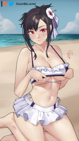 1girls bare_arms bare_shoulders barefoot beach bikini bikini_skirt black_hair blue_sky breasts cloud commentary damobelmont day female final_fantasy final_fantasy_vii flower hair_flower hair_ornament highres large_breasts long_hair navel ocean red_eyes sidelocks sitting skirt sky solo stomach swimsuit thighs tifa_lockhart tifa_lockhart_(shining_spirit) water white_bikini white_flower white_skirt