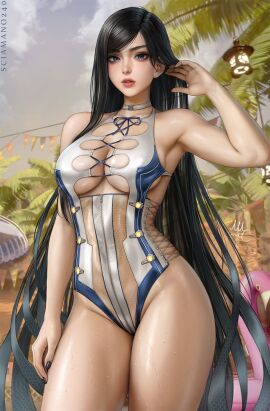 black_hair boob_window boobs breasts brunette brunette_hair detailed_background female lips lipstick long_hair mirco_cabbia raven_(stellar_blade) sciamano240 signature stellar_blade swimsuit zipper