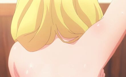 2022 20s animated animated_gif arm_up armpits ass back backboob bare_back bed blonde_hair breasts completely_nude covering_breasts covering_privates enome female futoku_no_guild huge_breasts indoors interior nude on_bed sideboob sitting solo sweat tagme wide_hips