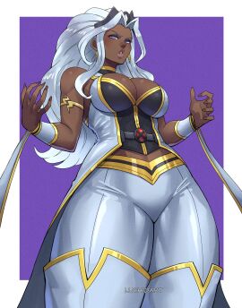 1girls african african_female animification blue_eyes breasts cape cleavage dark-skinned_female dark_skin earrings female highres jewelry large_breasts long_hair looking_at_viewer luchidart marvel marvel_comics marvel_tokon:_fighting_souls short_hair solo storm_(marvel_tokon) storm_(x-men) superhero_costume very_dark_skin white_hair x-men