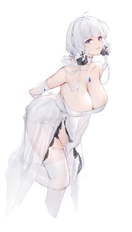 absurdres ahoge arm_behind_back azur_lane bare_shoulders between_legs blue_eyes breasts choker cleavage closed_mouth commentary_request dress elbow_gloves female garter_straps gloves hair_ribbon hand_between_legs highres huge_breasts illustrious_(azur_lane) jewelry leaning_forward long_hair mole mole_under_eye necklace ribbon see-through_clothes see-through_dress simple_background smile solo strapless strapless_dress swd3e2 thighhighs tress_ribbon tri_tails white_background white_choker white_dress white_garter_straps white_gloves white_hair white_thighhighs