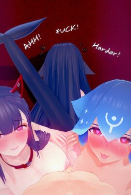 1boy 3d 3girls akuma_nihmune ambiguous_penetration bao_(vtuber) big_breasts blue_hair blush breasts collar dark_hair deluxe_rosie demon demon_girl demon_horns dialogue doggy_style female foursome hands_on_ass heart heart-shaped_pupils hearts_around_head horns indie_virtual_youtuber light-skinned_female light-skinned_male light_skin long_hair looking_at_viewer looking_up male male_pov nude nude_female nude_male orca_girl orca_tail penetration penis pov purple_hair red_eyes reverse_gangbang sex sex_from_behind short_hair shylily smile succubus the_bikini_bottoms tongue tongue_out virtual_youtuber whale_girl
