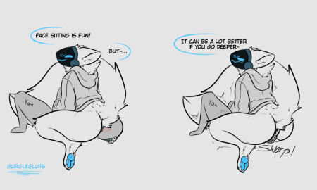 5:3 ambiguous_gender anal anal_vore anon anthro ass big_tail blush bottomless buddy_(gurglegluts) clothed clothing curvy_figure duo english_text facesitting fluffy fluffy_tail fur gurglegluts head_in_ass hoodie hoodie_only human machine mammal neck_tuft onomatopoeia protogen same_size_vore sitting_on_another sound_effects tail text topwear topwear_only tuft voluptuous vore white_body white_fur