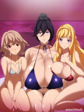 3girls absurdres atra_mixta bikini black_hair blonde_hair breasts brown_hair dais729sof female fumitan_admoss glasses gundam gundam_tekketsu_no_orphans highres huge_breasts kudelia_aina_bernstein large_breasts long_hair medium_breasts micro_bikini multiple_females multiple_girls purple_eyes red_eyes swimsuit tomoki_(dais729sof)
