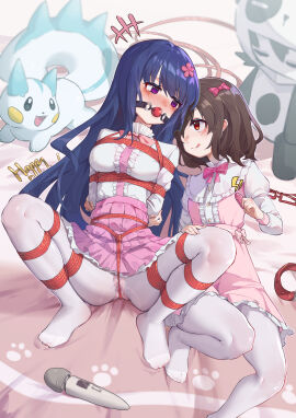 2girls absurdres arms_behind_back ball_gag black_hair blue_hair bondage bound bound_arms bound_legs bound_wrists breast_bondage breasts crotch_rope dildo feet female full_body gag gagged highres long_hair multiple_females multiple_girls no_shoes original pachirisu pantyhose pokemon pokemon_(species) red_rope restrained rope sex_toy shibari_over_clothes short_hair skirt slave tied_up_(nonsexual) vibrator white_pantyhose wholesome xiongmao yuri