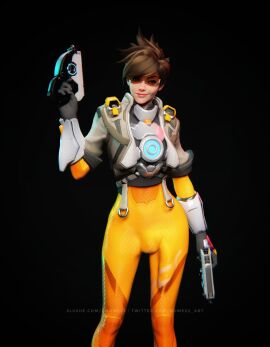 1futa 3d bodysuit bulge bulge_down_leg futa_only futanari gnome02 gun intersex looking_at_viewer overwatch penis penis_outline skintight solo standing tracer