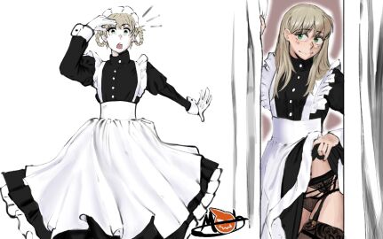 blonde_hair blush_lines braided_hair garter_belt green_eyes lingerie maid_uniform maka_albarn mobi_mobi see-through_panties shocked_expression sketch soul_eater thighhighs