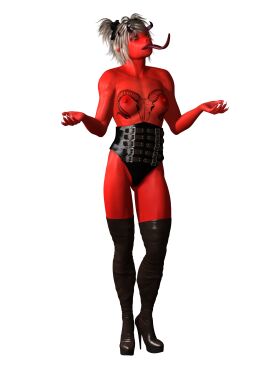 1girls 3d demon demon_girl female horpheu knee_high_boots kneehigh_boots original red_skin tattoo tongue tongue_out topless topless_female transparent_background