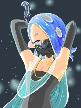 2024 arms_behind_head armwear background black_armwear black_dress black_eyelashes blue_shawl digital_drawing_(artwork) digital_media_(artwork) female frostyfest_outfit hachimaki hair_over_eye hair_over_one_eye headgear headwear hi_res light_blue_hair looking_back mask necklace nintendo red_eyes see-through shiver_(frostyfest) shiver_(splatoon) shiver_hohojiro splatoon splatoon_(series) splatoon_3 t2ukmyjm team_friends_(splatfest) team_money_(splatfest) tentacle tentacle_hair