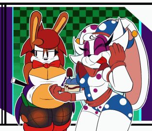 2girls animated anthro ass belly birthday birthday_cake breasts brown_fur brown_hair bunny cake cleavage confetti_(speedsmygame1) exposed_belly exposed_breasts fat female female_focus female_only fishnet_legwear fishnets furry hips hunin_(speedsmygame1) inverted_nipples jester jester_cap jester_costume jester_hat jester_outfit lagomorph lagomorph_humanoid large_ass large_breasts magic magic_user magic_wand magical_girl rabbit ripped_clothing shocked shocked_expression sonic_oc speedsmygame1 stockings stockings_thigh_highs thick_thighs thighs tongue wardrobe_malfunction weight_gain white_fur white_hair wide_hips
