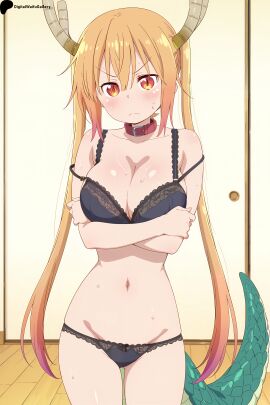 ai_generated black_bra black_panties blonde_hair blush bow_panties bra breast_hold breasts cleavage collar collarbone cowboy_shot crossed_arms digitalwaifugallery dragon_girl dragon_horns dragon_tail eyebrows_visible_through_hair female gradient_hair groin hi_res high_quality high_resolution horns kobayashi-san_chi_no_maidragon lace large_breasts long_hair looking_at_viewer miss_kobayashi's_dragon_maid navel orange_eyes orange_hair panties patreon red_eyes seductive sexy sidelocks slit_pupils solo standing strap_slip striped sweat tail tohru_(dragon_maid) tooru_(maidragon) twintails uncensored underwear underwear_only very_long_hair watermark