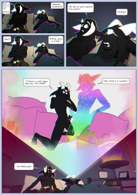 2_penises algredo_(deepfriedlasereyes) animal_genitalia animal_penis arty_(itsmemtfo4) bedroom black_body black_hair comic comparing comparing_penis deepfriedlasereyes diphallia diphallism dream dream_projection duo exotic_gentials genitals hair hemipenes hi_res horn humanoid magic male male/male multi_genitalia multi_penis original original_character original_characters penis projection ruly_(deepfriedlasereyes) text wet_dream