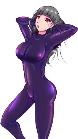 1girls :o ass big_breasts blunt_bangs bodysuit breasts covered_navel ell182a_(masa_works_design) eyebrows eyebrows_visible_through_hair eyeshadow female grey_hair higher_resolution_duplicate highlights highlights_(coloring) large_breasts latex latex_clothing long_hair looking_at_viewer makeup masa_works_design navel navel_visible_through_clothes open_mouth original original_character pink_eyeshadow pink_lips pink_lipstick purple_bodysuit purple_clothing purple_eyeliner purple_eyeshadow purple_latex pushing_hair_back red_eyes shiny_ass shiny_body shiny_bodysuit shiny_breasts shiny_clothes simple_background solo solo_female tagme tight_clothing white_background