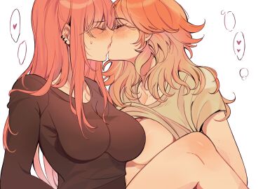 amlichan breasts female female_only hololive hololive_english hololive_myth kissing large_breasts making_out mori_calliope piercing takamori_(hololive) takanashi_kiara virtual_youtuber yuri