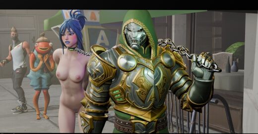 arms_behind_back being_watched blue_hair blush bondage breasts captured captured_female captured_heroine chain collar crossover dashyarts defeated doctor_doom domination female fishstick_(fortnite) fortnite genitals hope_(fortnite) jewelry light_skin makeup marvel marvel_comics mask nipples nude nude_female petite protagonistsub_antagonistdom public public_exposure public_humiliation purple_nipples small_breasts walking