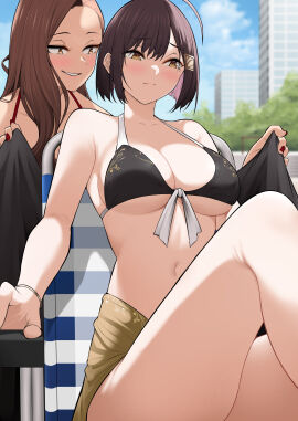 2girls ahoge antenna_hair belly belly_button big_breasts bikini bikini_top black-haired_female black_bikini black_bikini_top black_hair black_string_bikini black_swimsuit black_swimwear blush blush_face blush_lines blushed_face blushing_at_viewer blushing_face blushing_female breasts brown-eyed_female brown-haired_female brown_eyebrows brown_eyes brown_hair busty busty_female busty_teenager calves cleavage collarbone dot_nose embarrassed_exposed_female embarrassed_expression embarrassed_female female female_focus female_only fingernails fingers front-tie_bikini front-tie_bikini_top front-tie_top grin grinning grinning_at_partner grinning_at_viewer hair_between_eyes hair_clips hairclip hairclips hamazaki_risa high_resolution high_school_student highres imaizumi's_mother imaizumin-chi_wa_douyara_gal_no_tamariba_ni_natteru_rashii knee_up kneepits knees large_breasts lean_figure legs light-skinned_female light_skin lips long_hair medium_hair multiple_females multiple_girls nail_polish nails narrow_waist navel nori_gorou outdoors outside parted_bangs red_fingernails red_nail_polish red_nails school_girls schoolgirl seductive_grin short_hair shoulders sitting slender_body slender_waist slim_female slim_waist smile smiley_face smiling_at_viewer smirk smug string_bikini swimsuit swimwear teenage_female teenager thick_thighs thighs thin_waist underboob upper_body