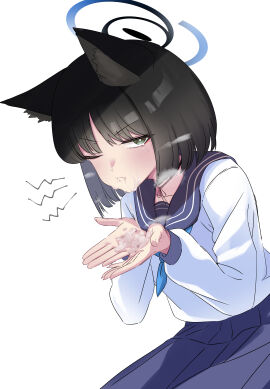 absurdres animal_ears black_choker black_hair black_halo black_sailor_collar blue_archive blue_halo blue_skirt bright_pupils cat_ears choker closed_mouth cum cum_on_face cum_on_hands cupping_hands facial female haizen_(8izn) halo highres kikyou_(blue_archive) long_sleeves looking_at_viewer one_eye_closed own_hands_together sailor_collar shirt short_hair simple_background skirt solo tearing_up white_background white_pupils white_shirt