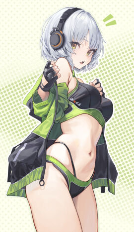 1girls anby_demara bare_midriff breasts female headphones huciro jacket looking_at_viewer looking_sideways medium_breasts midriff silver_hair solo tagme undressing white_hair zenless_zone_zero