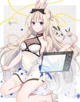 1girls bangs bare_arms bare_shoulders black_choker black_ribbon blonde_hair blue_eyes blue_nails blush bow breasts bunny_ears bunny_girl choker cleavage closed_mouth dress eyebrows_visible_through_hair female full_body hair_between_eyes hair_ribbon holding long_hair looking_at_viewer medium_breasts nail_polish ribbon short_dress sleeveless sleeveless_dress smile solo stuffed_animal stuffed_toy thigh_strap toenail_polish very_long_hair virtual_youtuber vyugen white_dress white_footwear yenko