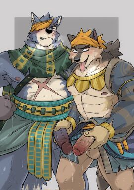 abs another_eidos_of_dragon_vein_r anthro bandana bent_legs blush bodily_fluids bolero bottomwear canid canine canis clothing dripping duo eye_patch eyewear facial_scar foreskin genital_fluids genitals hair handjob hi_res jackal kerchief kissing koginoro_28 loincloth male male/male mammal masturbation nipples open_mouth orta_(anothereidos_r) partially_retracted_foreskin pecs penile penis penis_kissing pollon_(anothereidos_r) ponytail precum precum_drip retracted_foreskin scar scarf sex soft_abs spread_legs spreading uncircumcised wolf