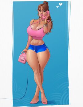 2d 2d_(artwork) barefoot big_breasts bimbo bimbo_body bimbo_lips bracelet breasts brown_hair brunette_hair cameltoe commission commission_art earrings feet female hourglass_figure lipstick navel necklace no_sex original original_character painted_nails phone pink_nails pinup ponytail pussy ring rotary_phone shorts temogam thick_thighs toe_ring toes visible_bra visible_underwear wide_hips
