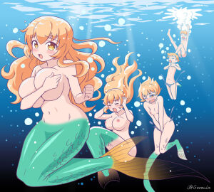 1boy air_bubble asphyxiation barefoot blonde_hair blush breasts bubble covering_breasts covering_privates drowning female genderswap genderswap_(mtf) goroudx long_hair male merfolk mermaid mermaid_transformation monster_girl monsterification navel nipples open_mouth original rule_63 sequential swimming topless_female transformation underwater yellow_eyes yoshida_gorou