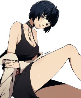 black_dress blue_hair breasts choker cleavage doctor dress exposed_shoulders female legs long_legs looking_at_viewer looking_down necklace necklace_between_breasts persona_5 pppppknw realistic_anatomy realistic_breast_size realistic_proportions red_eyes short_hair shoulders tae_takemi