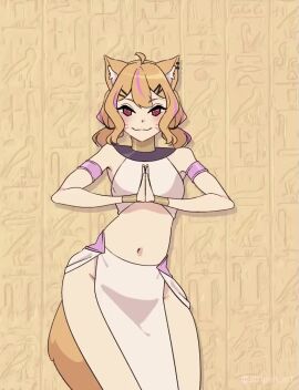 animal_ears armband armlet blonde_hair bracelet dancer_outfit female hair_ornament hairclip jewelry looking_at_viewer navel pelvic_curtain piercing red_eyes solo squchan_(vtuber) tagme tail video vyugen