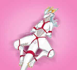 absurd_res anthro anus arms_tied ass bedroom_eyes blush blush_lines bondage bound breasts dragon eastern_dragon featureless_breasts female fully_bound genitals hair hands_behind_back hi_res horn legs_tied looking_at_viewer looking_pleasured lying mythological_creature mythological_scalie mythology narrowed_eyes nude on_back pussy restraints rope rope_bondage rope_harness scalie seductive simple_background smile smug solo spread_legs spreading submissive tail tail_bondage tail_tied temnelc vulva white_dragon_(mahjong_soul)