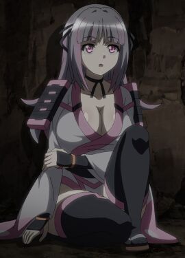 1girls accurate_art_style big_breasts breasts clothed clothing collar collarbone eyebrows eyelashes female female_only goblin_no_suana grey_hair huge_breasts light-skinned_female light_skin majin_(company) pink_eyes revealing_clothes samurai sayuki_(goblin_no_suana)