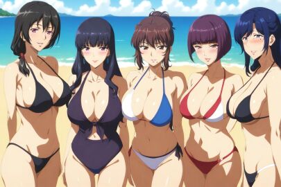 4girls 5girls bangs beauty_mark big_breasts bikini bikini_bottom bikini_top black_hair blue_eyes blue_hair blunt_bangs breasts brown_eyes brown_hair busty cleavage crossover curvaceous curvy curvy_body curvy_female curvy_figure female female_focus female_only futei_with..._the_animation huge_breasts itsuki_shima kaori_sakaki katsuragi_aiko large_breasts long_hair looking_at_viewer mahouka_koukou_no_rettousei mature mature_female midriff miyama_kaori_(futei_with_the_animation) mole mole_under_eye mole_under_mouth multiple_females multiple_girls navel one-piece_swimsuit parted_bangs pink_eyes ponytail purple_eyes purple_hair red_eyes revealing_swimsuit rin_x_sen_+_ran_-_sem_cross_mix sagging_breasts shikijou_kyoudan short_hair side_ponytail smile swimsuit taimanin_(series) take_your_pick upper_body wide_hips yotsuba_maya