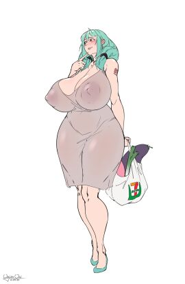 1girls ass big_ass big_breasts big_thighs blue_eyes blue_hair blush breasts child_bearing_hips dress eggplant female food hatsune_miku hatsune_milf-ku heels huge_breasts large_breasts milf nipple_bulge nipples nipples_visible_through_clothing onion_oni solo thick thick_thighs tight_clothing twintails vegetable voluptuous voluptuous_female