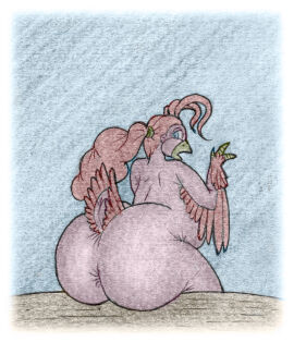 anthro anus ass avian aviannapper beak belly big_ass big_belly big_butt bird blue_eyes border feathers female hair looking_at_viewer looking_back nude open_beak open_mouth overweight overweight_female ponytail rear_view sitting solo tail tail_feathers white_border