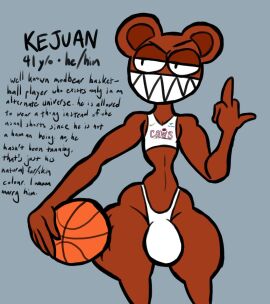 1boy anthro band_mascot basketball basketball_(ball) basketball_uniform bear big_thighs bulge fan_character femboy feminine feminine_male flipping_off hyper hyper_bulge kejuan_(thatdawgmurray) male male_only modified_bear music_(culture) music_mascot navel original original_character radiohead_(band) radiohead_bear sharp_teeth tagme text thatdawgmurray thighs thong twitter_link