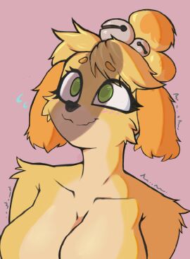 animal_crossing anthro artist_request bell bust_portrait canid canine canis domestic_dog excited female female_focus fur green_eyes hair hi_res imminent_sex isabelle_(animal_crossing) looking_up male mammal mouth_closed multicolored_body multicolored_fur nintendo nude penis penis_awe penis_shadow portrait shih_tzu simple_background smile tied_hair toy_dog yellow_body yellow_fur