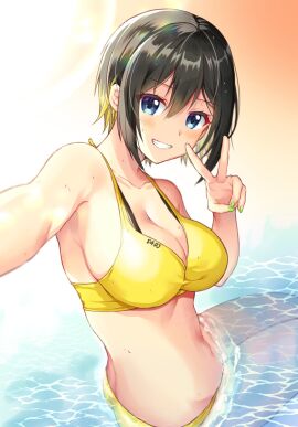akashi_maho armpits breasts d4dj female in_water peace_sign selfie sitting swimsuit wet yam_(yamap_mako)
