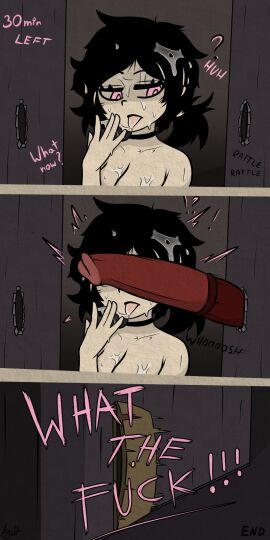 1boy 1girls animal_genitalia ashley_graves black_choker black_hair blowjob blush breasts challenge cleavage cock_shock cum_on_breasts cum_on_face dripping_precum equine_penis exposed_breasts female femsub gigantic_penis glory_hole horsecock hyper_penis lagsoff licking_cum light_skin long_penis looking_at_penis low_ponytail male maledom messy_hair naked penis pink_eyes prostitution red_skin shocked straight the_coffin_of_andy_and_leyley