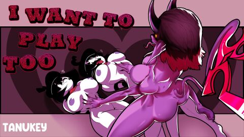 3girls absurd_res artist_name ass bonbon_(derpixon) borrowed_character breasts chuchu_(derpixon) completely_nude crossover demon demon_girl demon_tail derpixon diives english_text fandeltales female female_only herzha hi_res imminent_sex large_breasts mime mime_and_dash multiple_females multiple_girls nude nude_female open_mouth pointy_ears sharp_teeth tail tanukeyy tongue tongue_out yuri