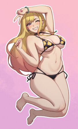 1girls 2d 2d_(artwork) bikini blonde_hair choker clothing cute_pose ear_piercing ear_ring earrings female female_only for_sticker_use kitagawa_marin light-skinned_female light_skin long_hair mid-air_suspension nails necklace one_eye_closed peace_sign pink_eyes pinup pose rizdraws solo solo_female sono_bisque_doll_wa_koi_wo_suru sticker_template swimsuit