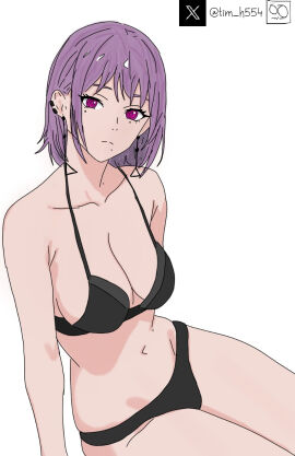 black_bra black_panties bra chainsaw_man colored death_devil_(chainsawman) demon demon_girl devil ear_piercing earrings female lil_d_(chainsawman) panties pose purple_eyes purple_hair ringed_eyes sitting tagme tim_heyderich underwear white_background