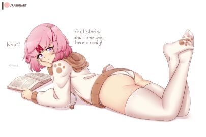 1girls ass big_ass big_butt blush bubble_ass bubble_butt doki_doki_literature_club embarrassed embarrassed_female english_text feet feet_up female female_only hoodie hoodie_only human legs_up looking_at_viewer looking_back lying lying_down lying_on_bed lying_on_stomach natsuki_(doki_doki_literature_club) panties pawpads paws petite petite_body petite_female purple_eyes raionart short_hair solo stockings text thick thick_ass thick_thighs thighhighs