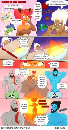 ! !! 3boys 3girls 7_panel_comic black_text blonde_hair blue_hair brother_and_sister comic comic_page demeter_(destripando_la_historia) destripando_la_historia doggy_style_position fake_animal_ears fake_cow_ears fake_cow_horns fake_horns female freyja_(destripando_la_historia) god_of_war goddess greek_mythology green_skin hand_on_another's_ass hand_on_ass hands_behind_head hestia hestia_(destripando_la_historia) kratos looking_aside male orange_skin page_10 page_number poseidon_(destripando_la_historia) red_hair red_text santa_monica_studio spanish_dialogue spanish_text talking_on_phone talking_to_another talking_to_partner the_butcter_show