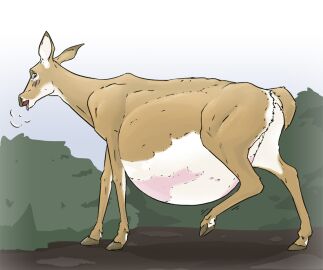 animal belly bloated bloated_belly blush breath_cloud bush cloven_hooves deer doe female feral hooves looking_at_belly low-angle_view shivering solo spiderbox two-tone_fur uncovered_skin vore