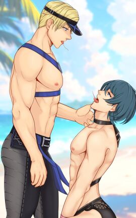 2boys abs after_kiss alternate_costume arachmo beach blonde_hair blue_eyes blue_sky byleth_(fire_emblem) byleth_(fire_emblem)_(male) cloud cloudy_sky commission dimitri_alexandre_blaiddyd dimitri_alexandre_blaiddyd_(summer) fire_emblem fire_emblem:_three_houses fire_emblem_heroes gay green_hair highres looking_at_another male male_only male_swimwear maledom malesub multiple_boys multiple_males nintendo official_alternate_costume palm_tree pectorals saliva sand sky swim_trunks swimsuit tree visor_cap yaoi