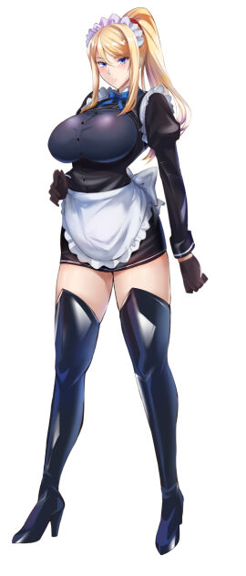 1girls apron black_boots blonde_hair blue_eyes boots bowtie breasts female gloves high_heel_boots high_heels human kumakichi_(cost-lost) large_breasts light-skinned_female light_skin looking_at_viewer maid maid_apron maid_headdress maid_uniform metroid nintendo ponytail samus_aran slim_waist solo_female thigh_boots thighhigh_boots thighhighs waist_apron
