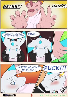 5_fingers absurd_res anthro bedroom_eyes black_clothing black_topwear blue_body blue_eyes bluepanda115 blush claws closed_eyes clothing clutching comic dialogue dragon duo ear_grab ear_pull english_text eyebrow_spikes facial_spikes fellatio finger_claws fingers front_view head_horn hi_res horn horn_jewelry horn_ring hyperion_(bluepanda115) jaw_spikes jewelry long_ears male male/male mythological_creature mythological_scalie mythology narrowed_eyes oral page_number penile penis penis_in_mouth pink_body pink_claws profanity ring_(jewelry) saber_(bluepanda115) scalie seductive sex smile smiling_at_viewer spikes spikes_(anatomy) text thought_bubble topwear white_body wingless_dragon