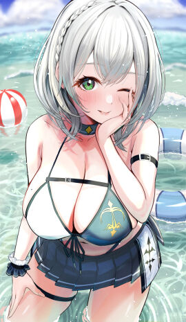 aki_(mkjn5227) armband ball_(object) beachball black_skirt blue_sky blush braid breasts cleavage cloud collarbone commentary_request day female green_eyes grey_hair hair_ornament hand_on_own_cheek hand_on_own_face highres hololive hololive_fantasy hololive_japan innertube large_breasts looking_at_viewer navel ocean one_eye_closed outdoors parted_lips pleated_skirt shirogane_noel shirogane_noel_(summer_2020) skirt sky smile solo standing summer swim_ring swimsuit thigh_strap virtual_youtuber wading
